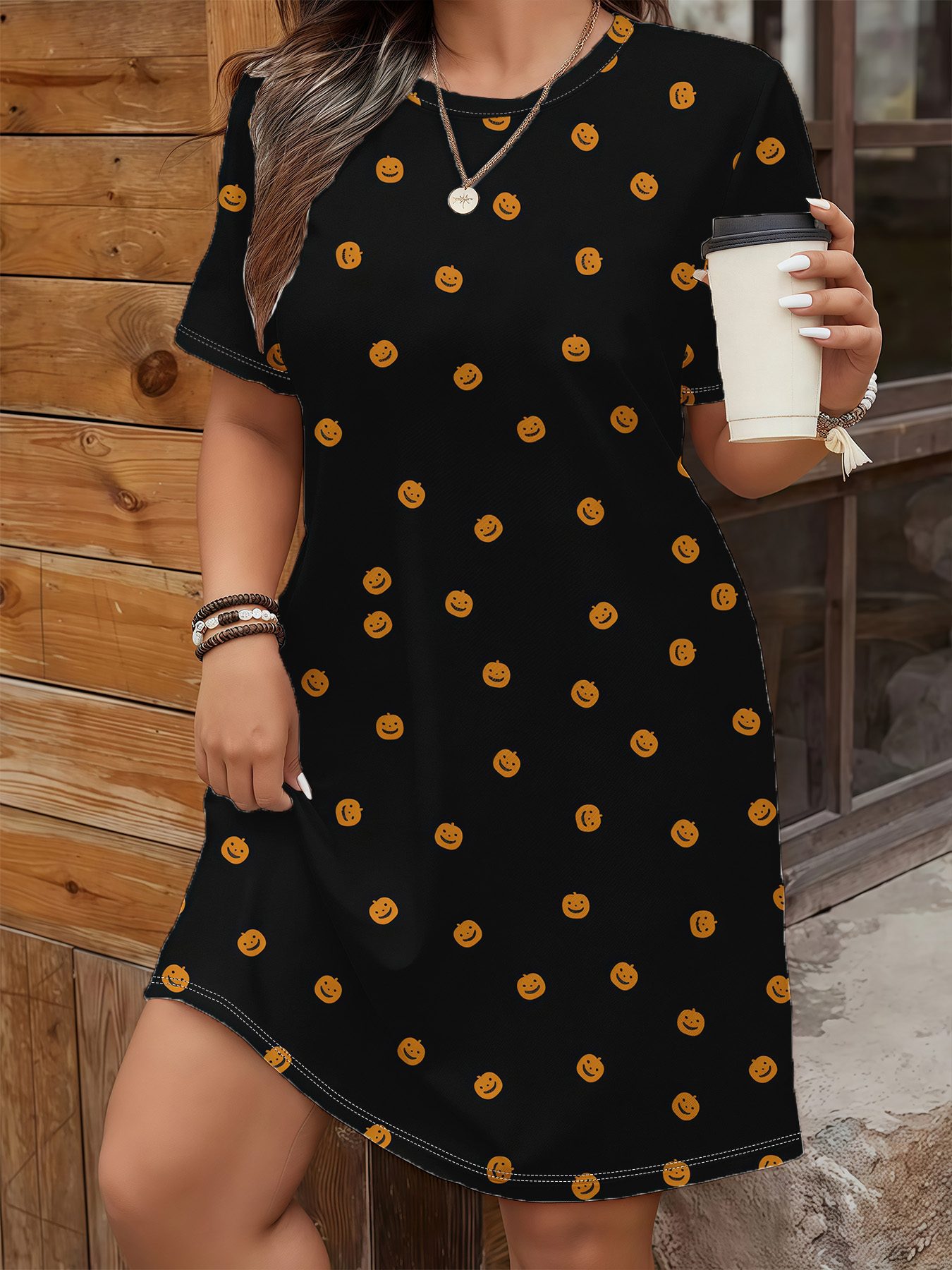 Women's autumn pumpkin smiling face printed short-sleeved dress - Image 3