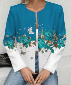 Women's autumn blue and white flower-printed cardigan