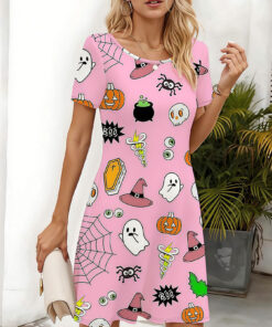 Women's autumn pink Halloween full-print short-sleeved dress