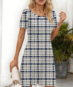 Women's autumn full print thousand bird pattern short-sleeved dress