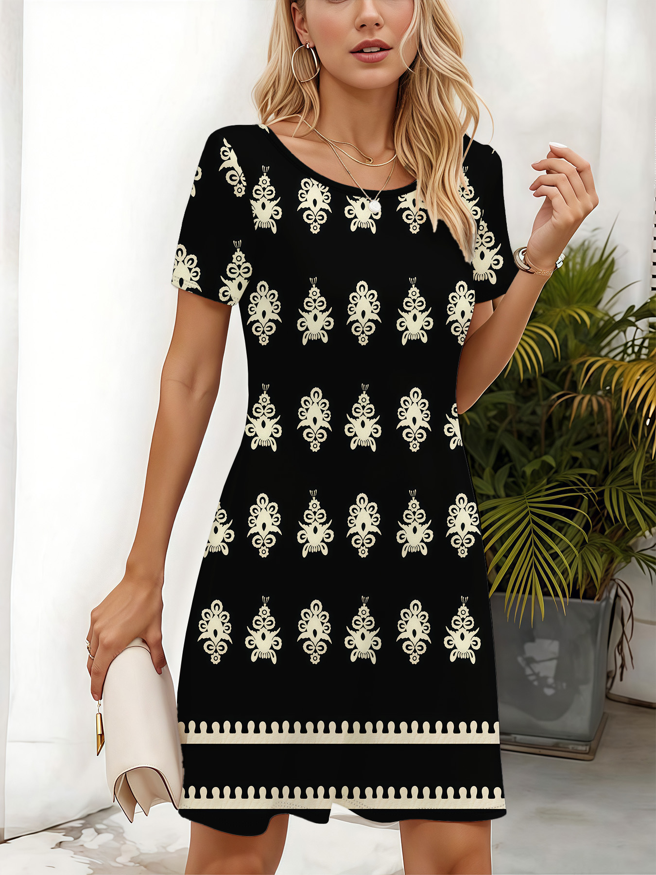 Women's autumn black print short sleeve dress - Image 4