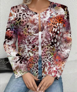 Women's autumn red flower leopard print cardigan