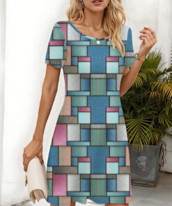 Women's autumn patchwork checkered print short-sleeved dress