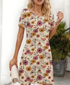 Women's autumn apricot-colored flower printed short-sleeved dress