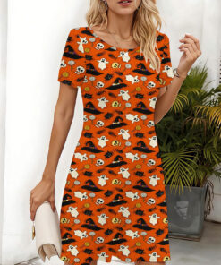 Women's autumn orange Halloween printed short-sleeved dress