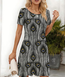 Women's autumn grey peacock feather short-sleeved dress