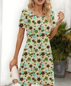Women's autumn three-color floral print short-sleeved dress