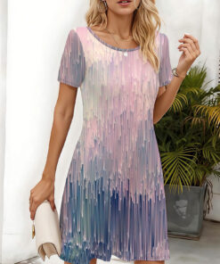 Women's autumn pink striped short-sleeved dress