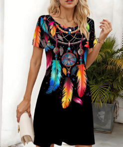 Women's autumn colorful feather print short-sleeved dress