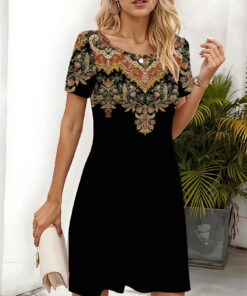 Women's autumn patterned shawl printed short-sleeved dress