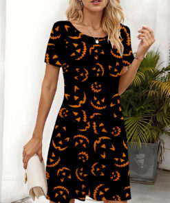 Women's autumn black smiley face printed short-sleeved dress