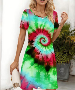 Women's autumn green tie-dye printed short-sleeved dress