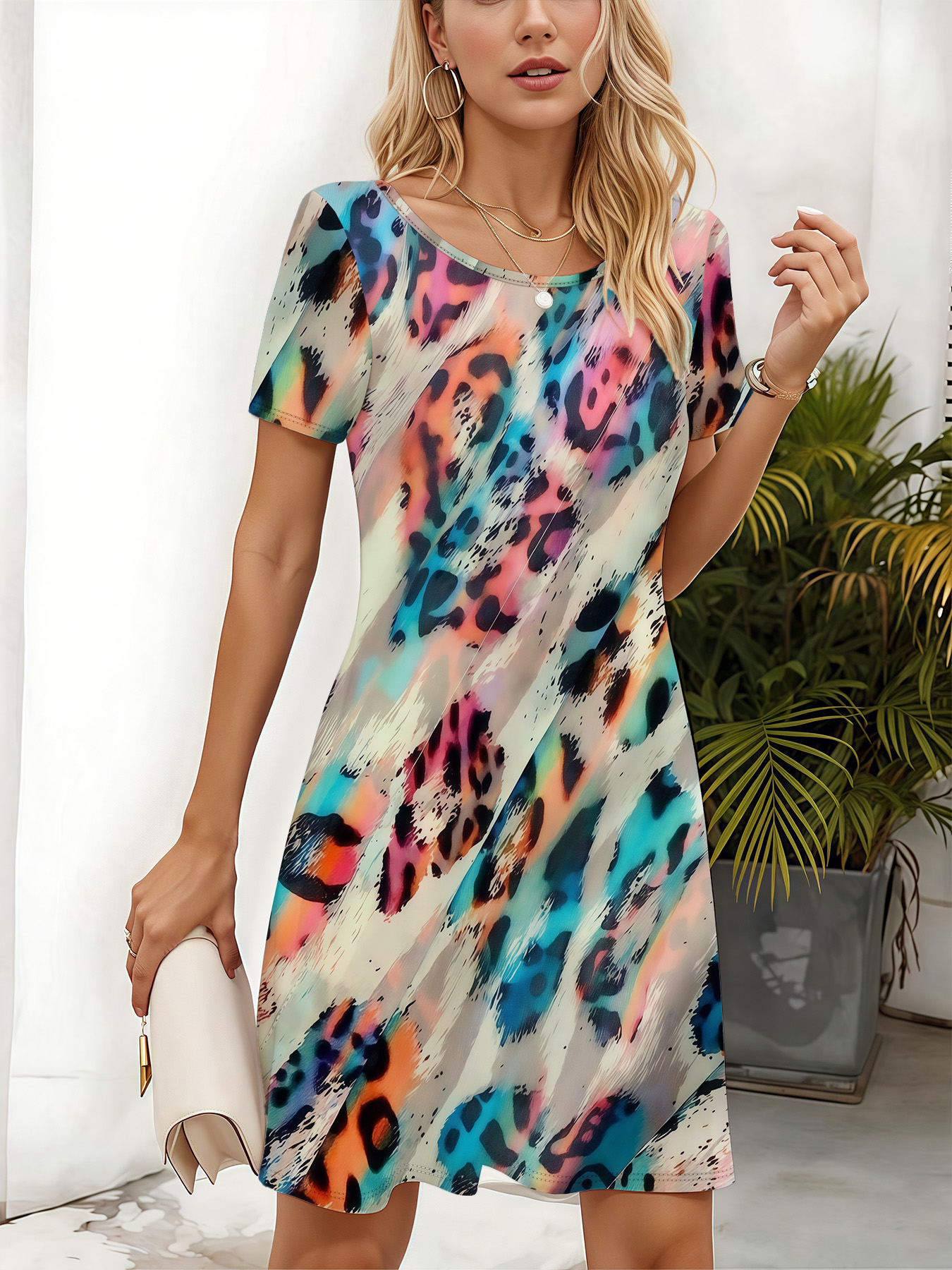 Women's autumn colorful leopard print short-sleeved dress - Image 4
