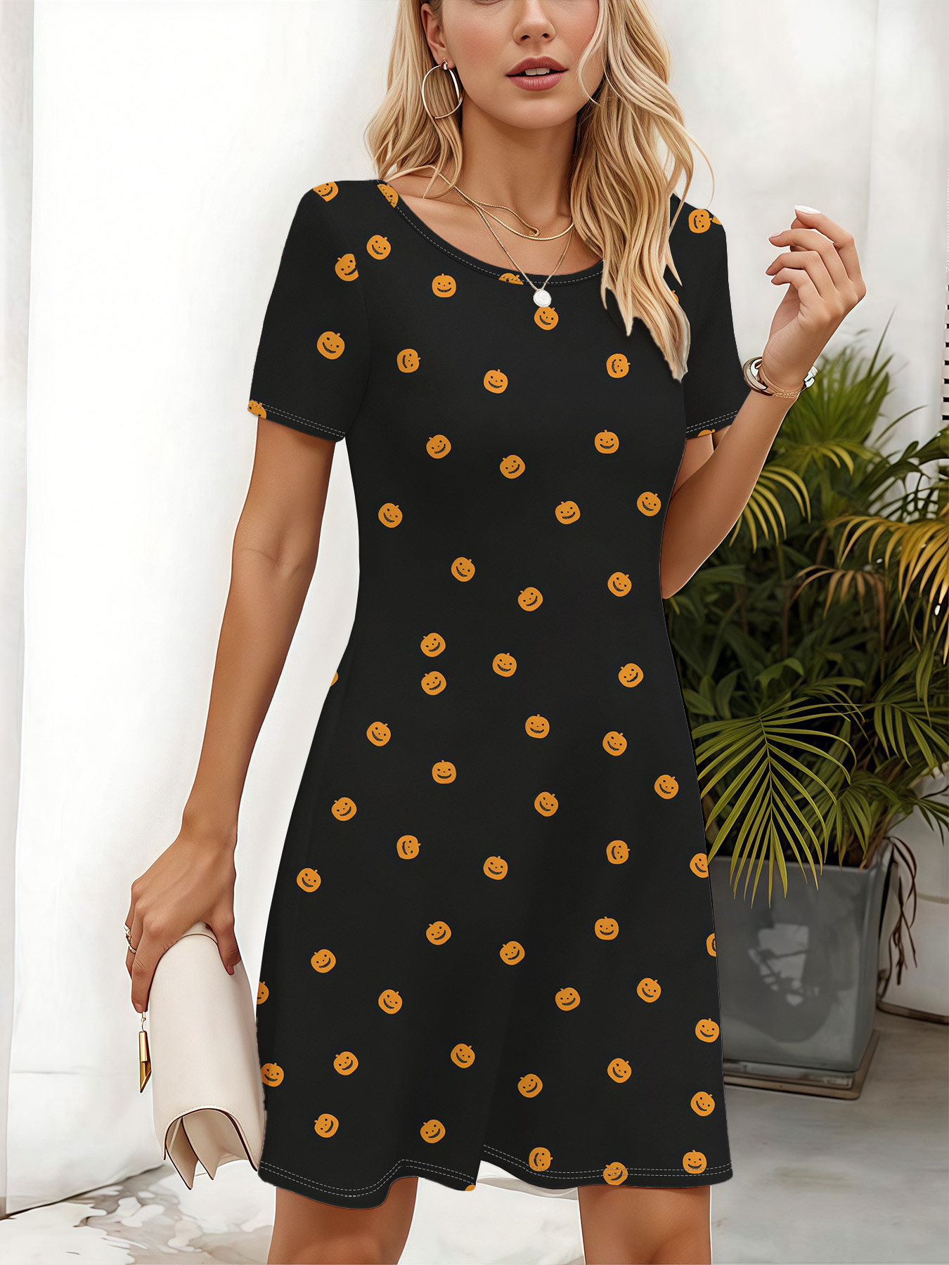 Women's autumn pumpkin smiling face printed short-sleeved dress