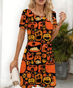 Women's autumn Halloween pumpkin print short-sleeved dress