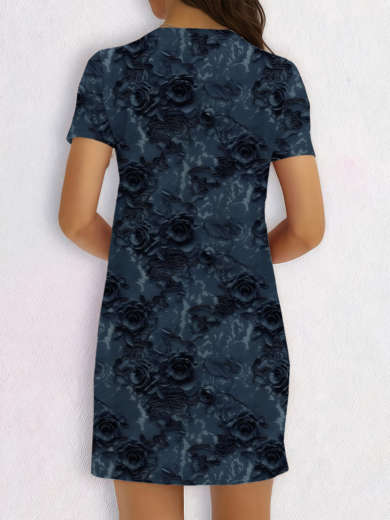 Women's autumn dark blue full print flowers short sleeve dress - Image 5