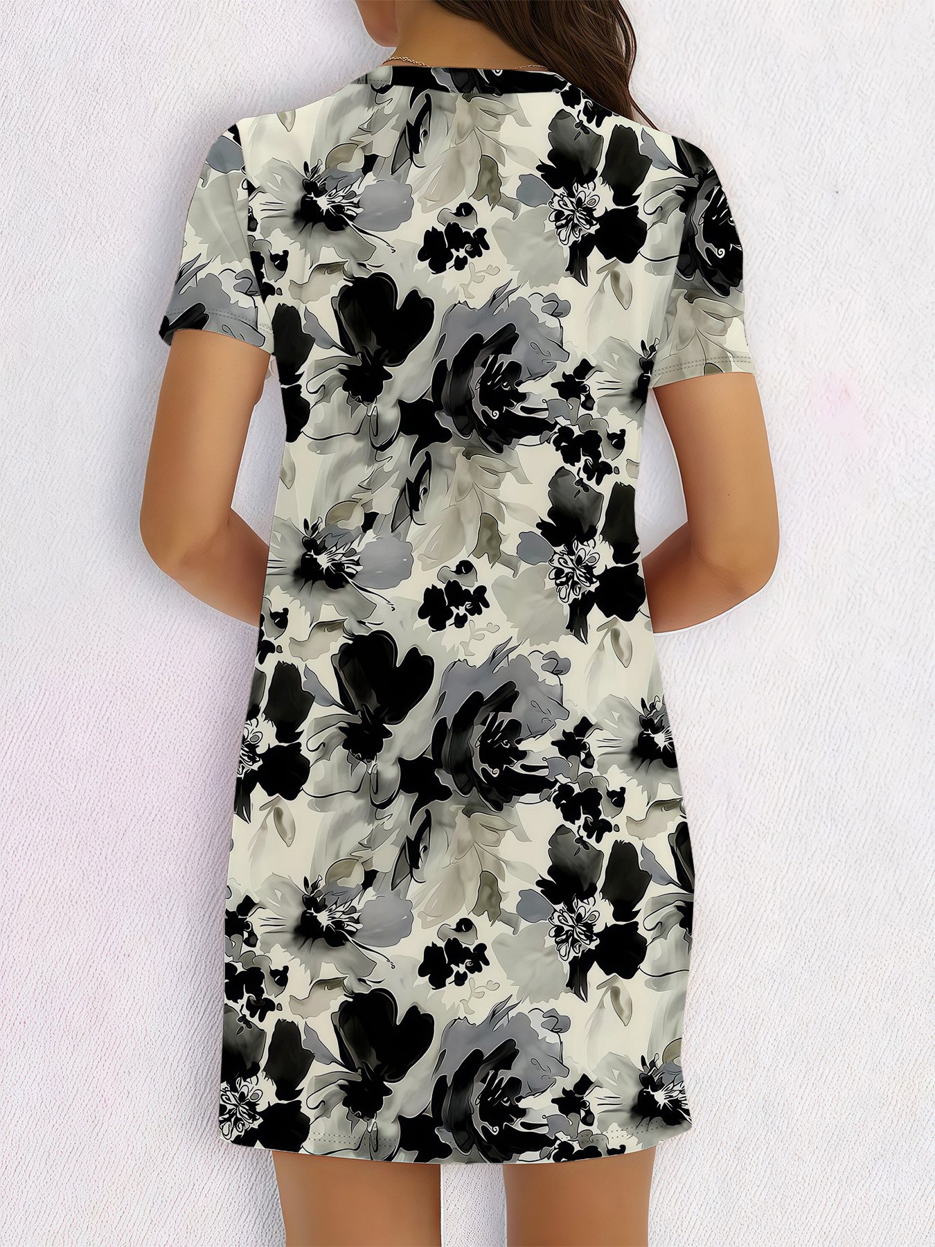 Women's autumn light grey full print flowers short sleeve dress - Image 5