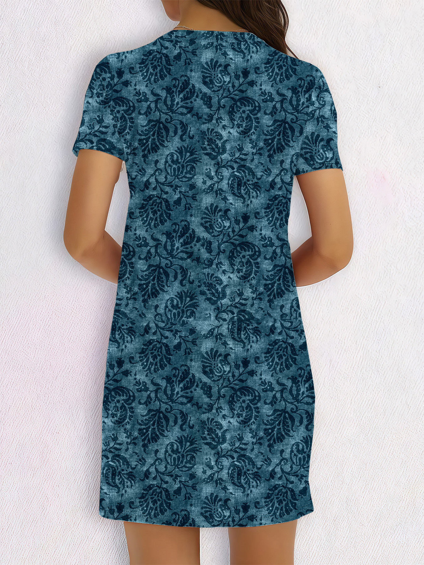 Women's autumn dark blue branch and leaf printed short-sleeved dress - Image 5