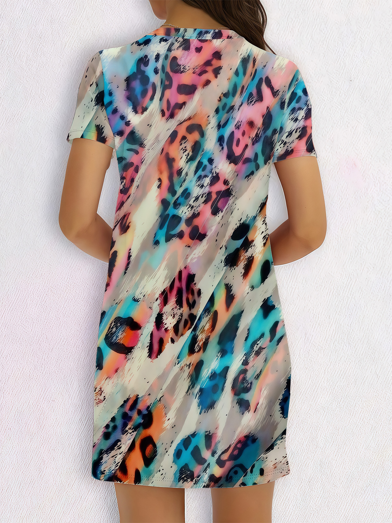 Women's autumn colorful leopard print short-sleeved dress - Image 5