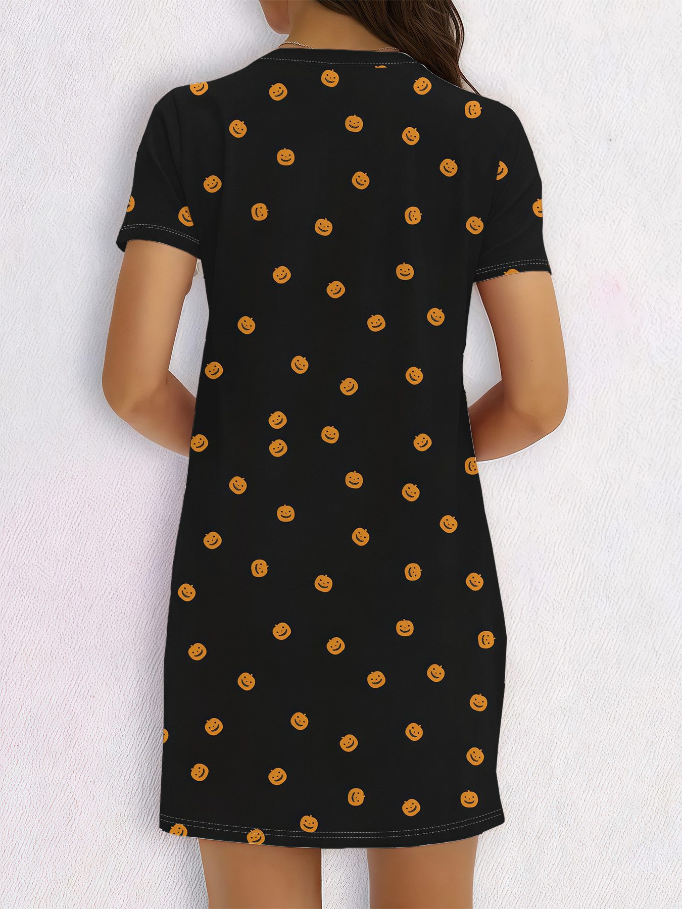 Women's autumn pumpkin smiling face printed short-sleeved dress - Image 5