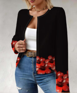 Women's autumn black red flower cardigan