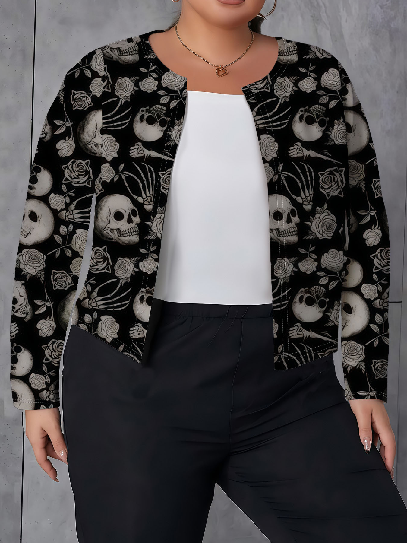 Women's autumn black skull print Plus-Size All-Over Print Cardigan