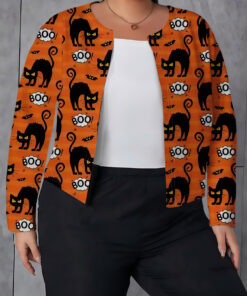 Women's autumn orange black cat print plus full print cardigan