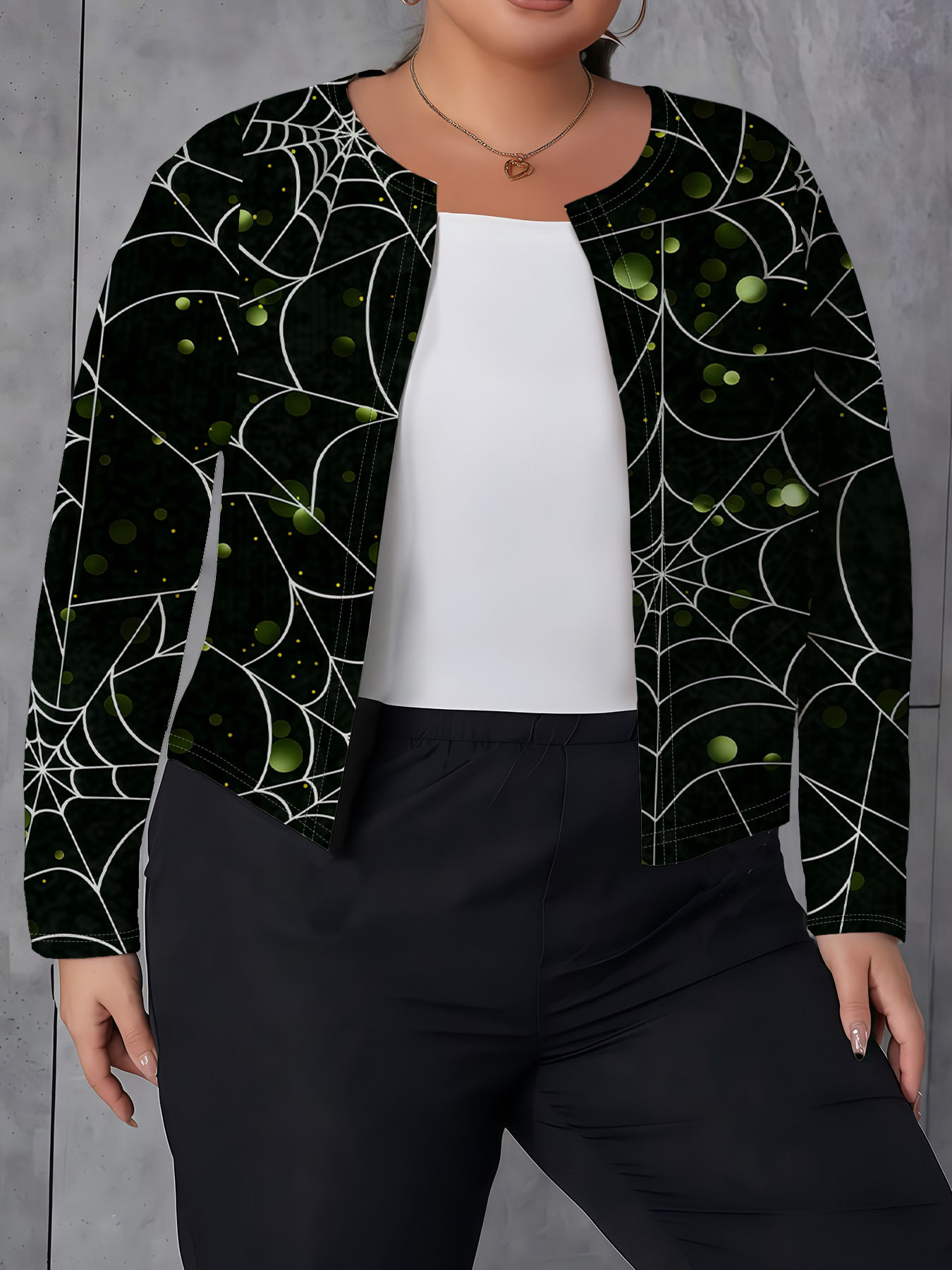 Women's autumn black green cobweb print plus size cardigan