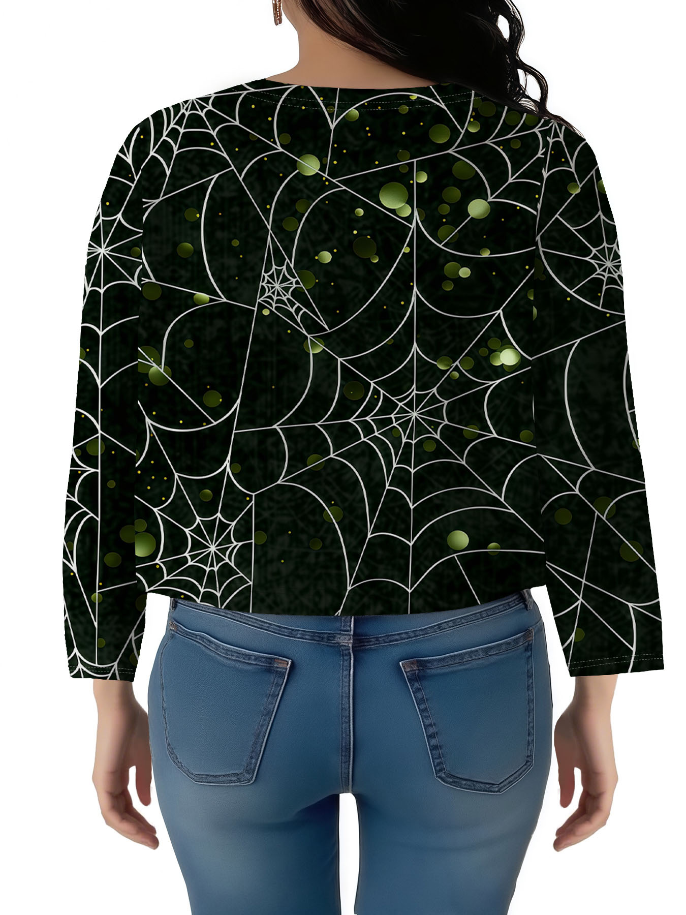 Women's autumn black green cobweb print plus size cardigan - Image 3