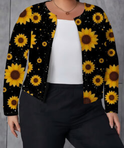 Women's autumn black sunflower print plus-size cardigan