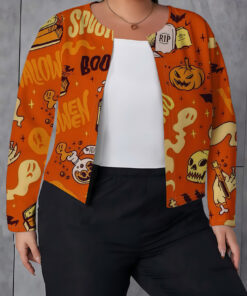 Women's autumn orange Halloween themed plus-size cardigan