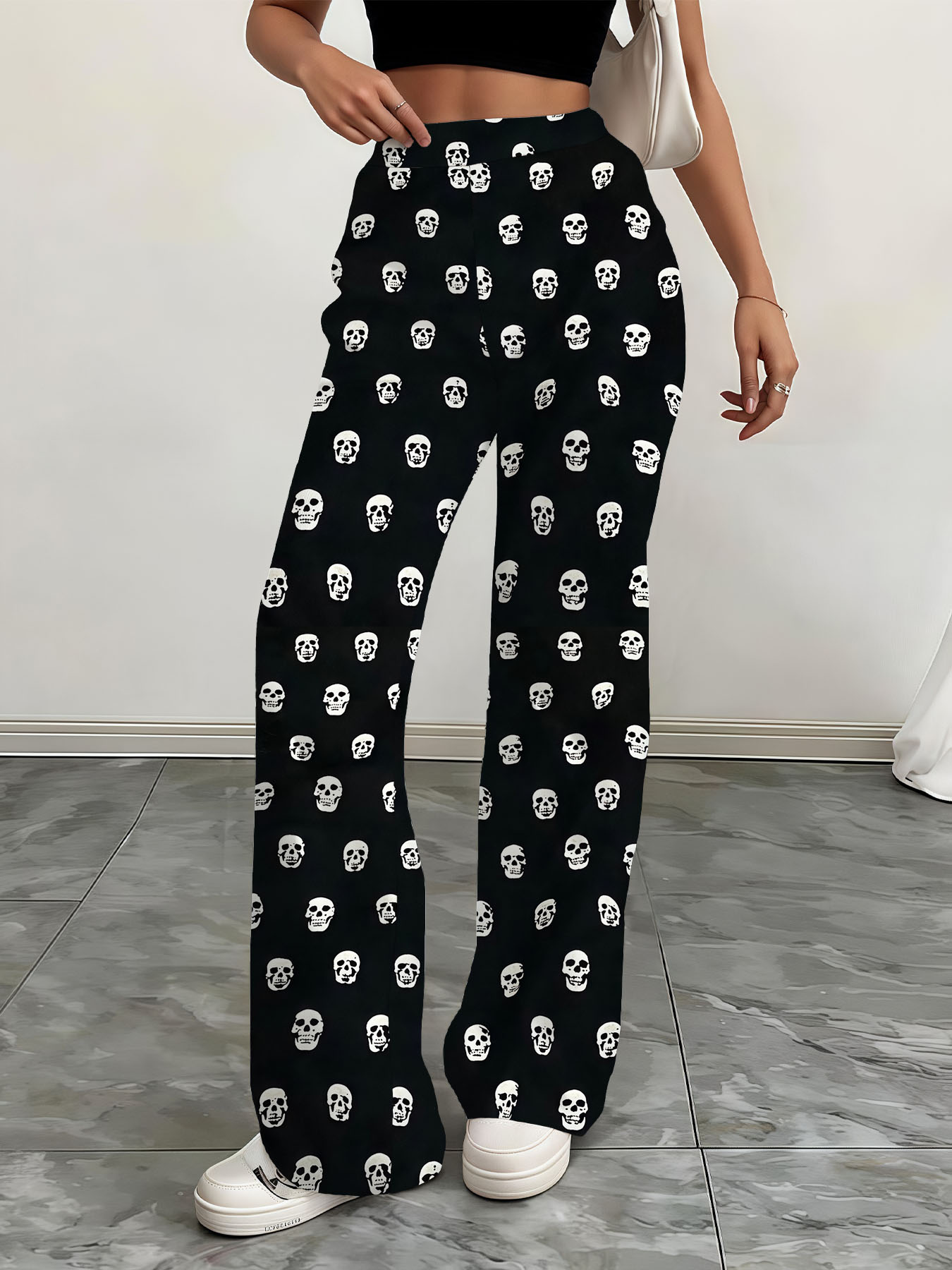 Women's autumn black skeleton wide-leg pants