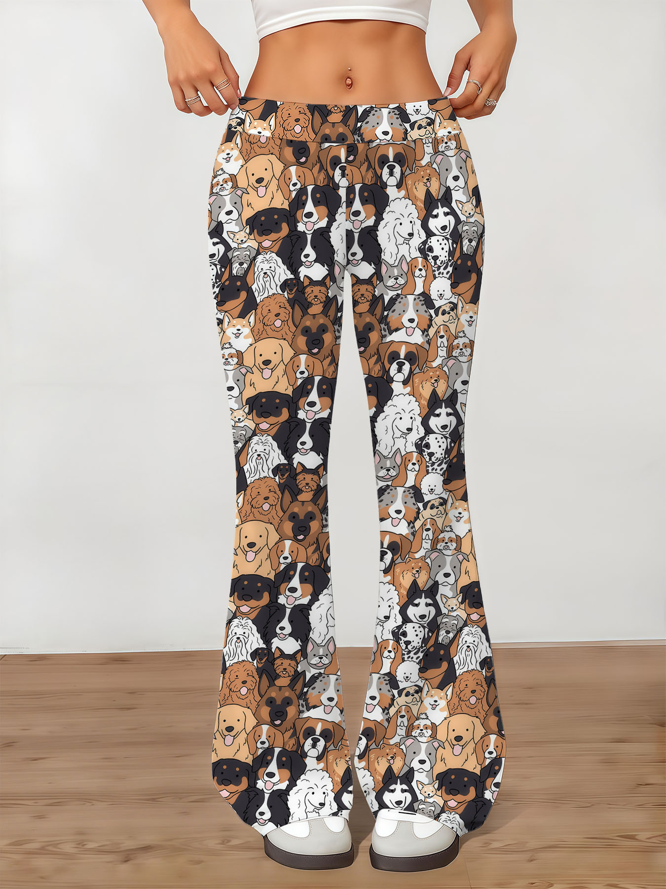 Women's autumn full-print puppy wide-leg trousers