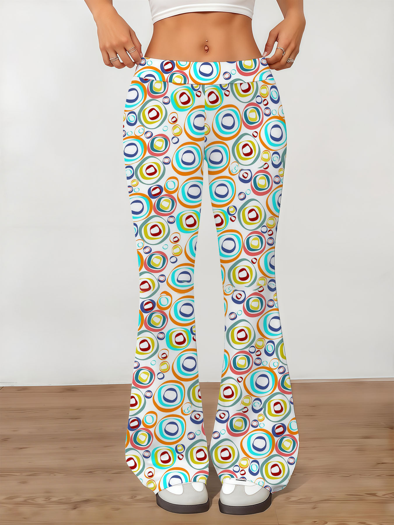 Women's autumn white full print color circle wide-leg trousers - Image 2