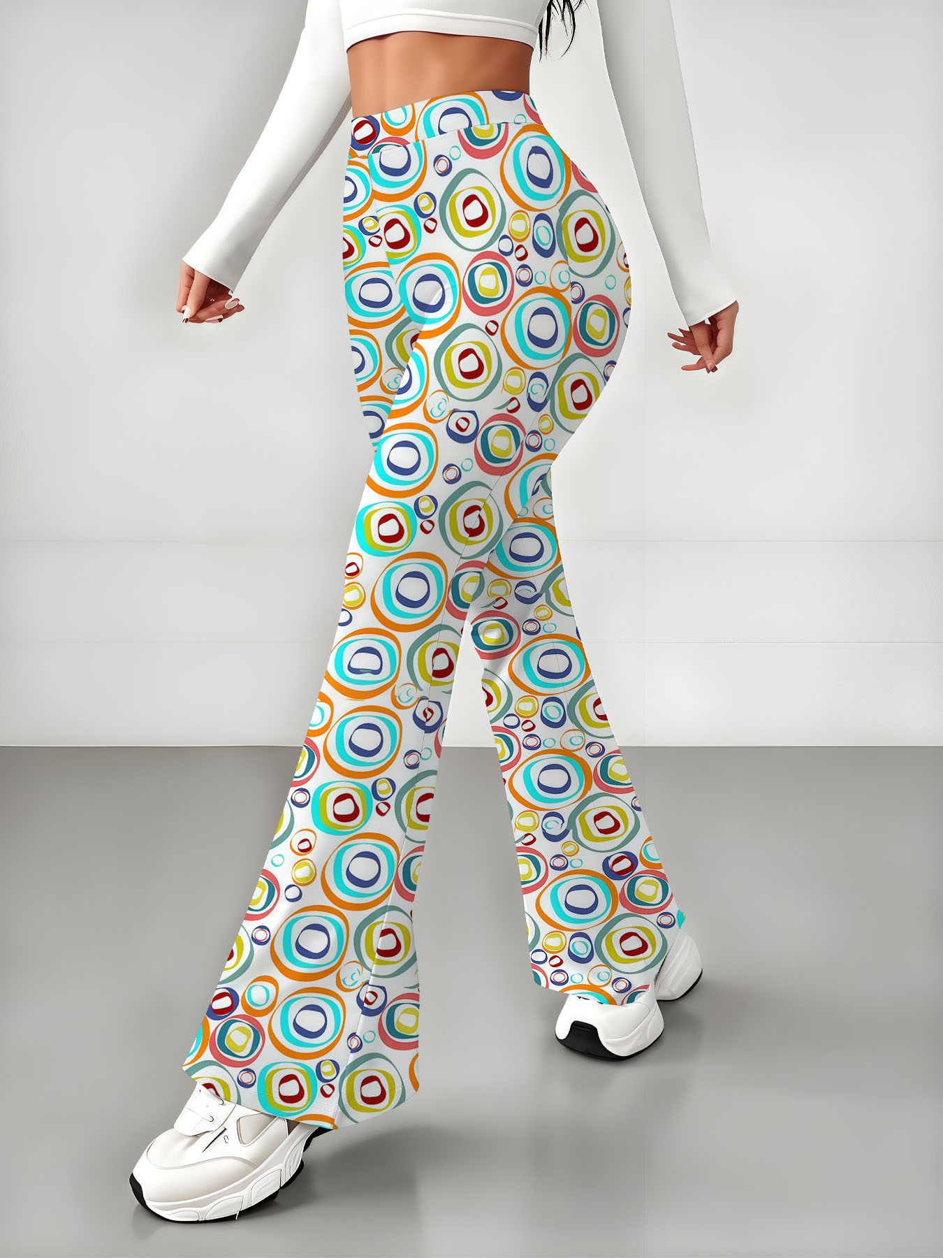 Women's autumn white full print color circle wide-leg trousers