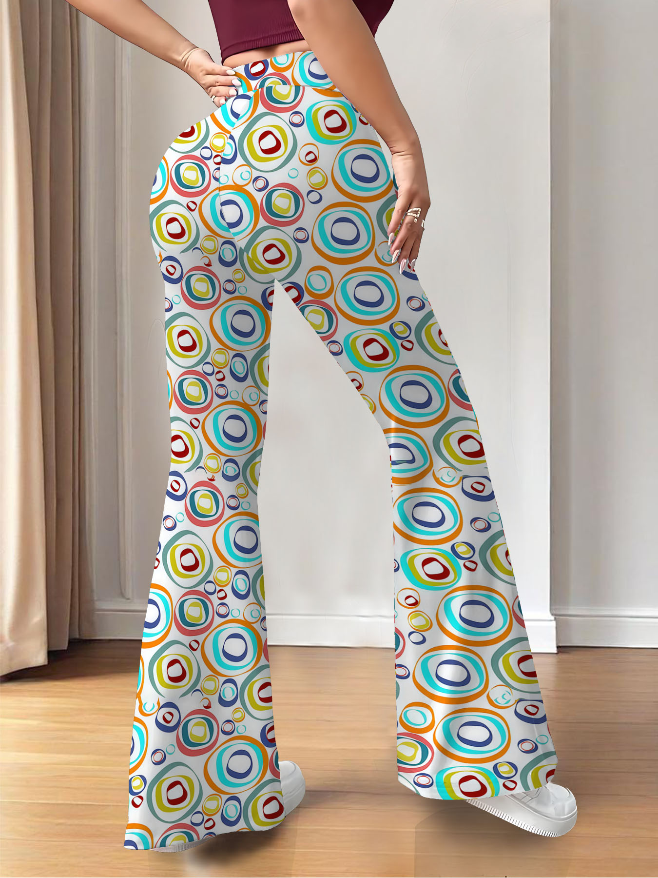 Women's autumn white full print color circle wide-leg trousers - Image 4