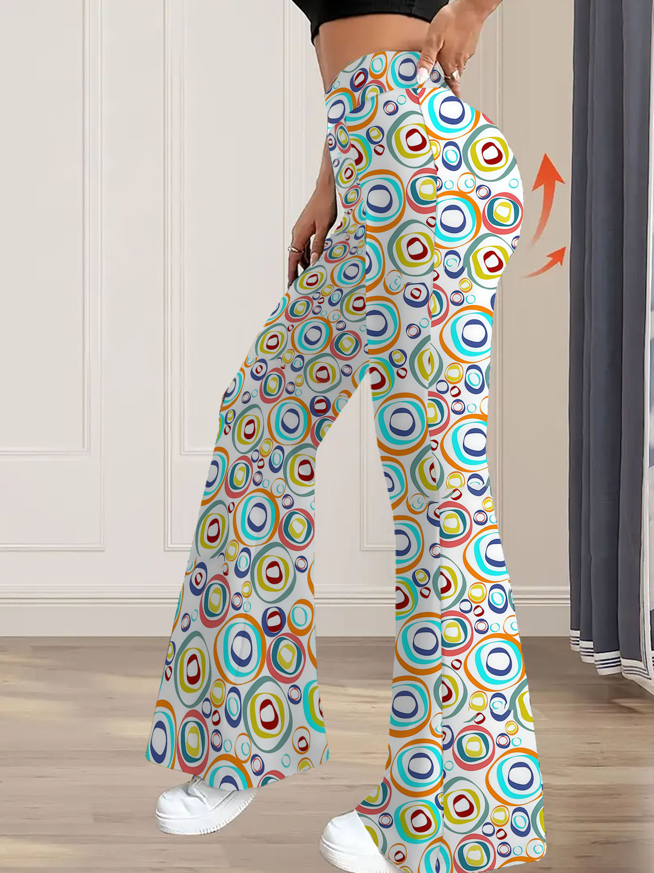 Women's autumn white full print color circle wide-leg trousers - Image 5