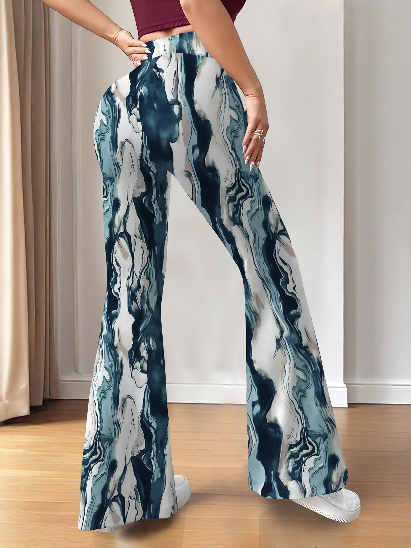 Women's autumn blue ink-wash printed wide-leg pants - Image 3