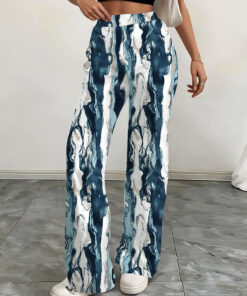 Women's autumn blue ink-wash printed wide-leg pants