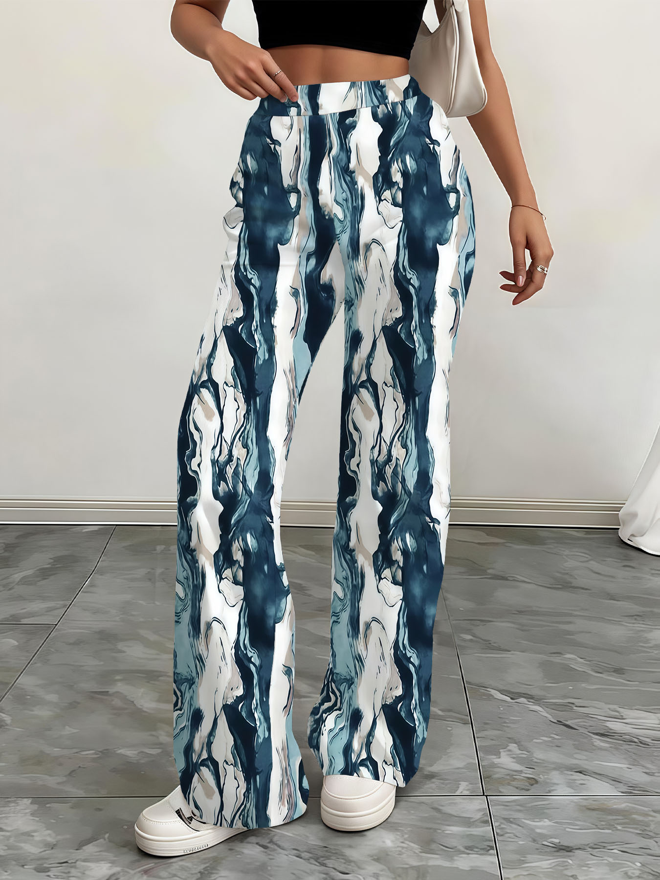 Women's autumn blue ink-wash printed wide-leg pants