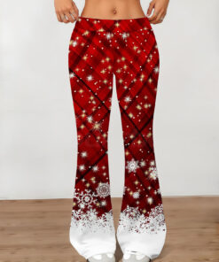 Women's autumn red checkered snowflake wide-leg pants