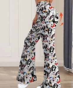 Women's autumn white full-printed puppy wide-leg trousers