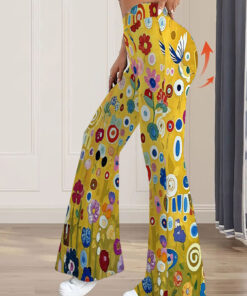 Women's autumn yellow full-print painted wide-leg pants