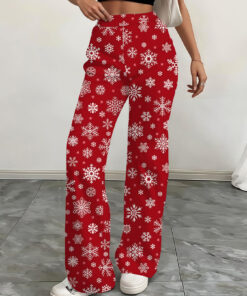 Women's autumn red full-printed snowflake wide-leg pants