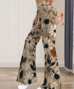 Women's autumn brown full-printed flower-patterned wide-leg trousers