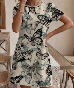 Women's autumn black full-printed butterfly short-sleeved dress