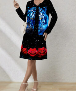 Women's autumn Tiger rose printed cardigan vest dress set