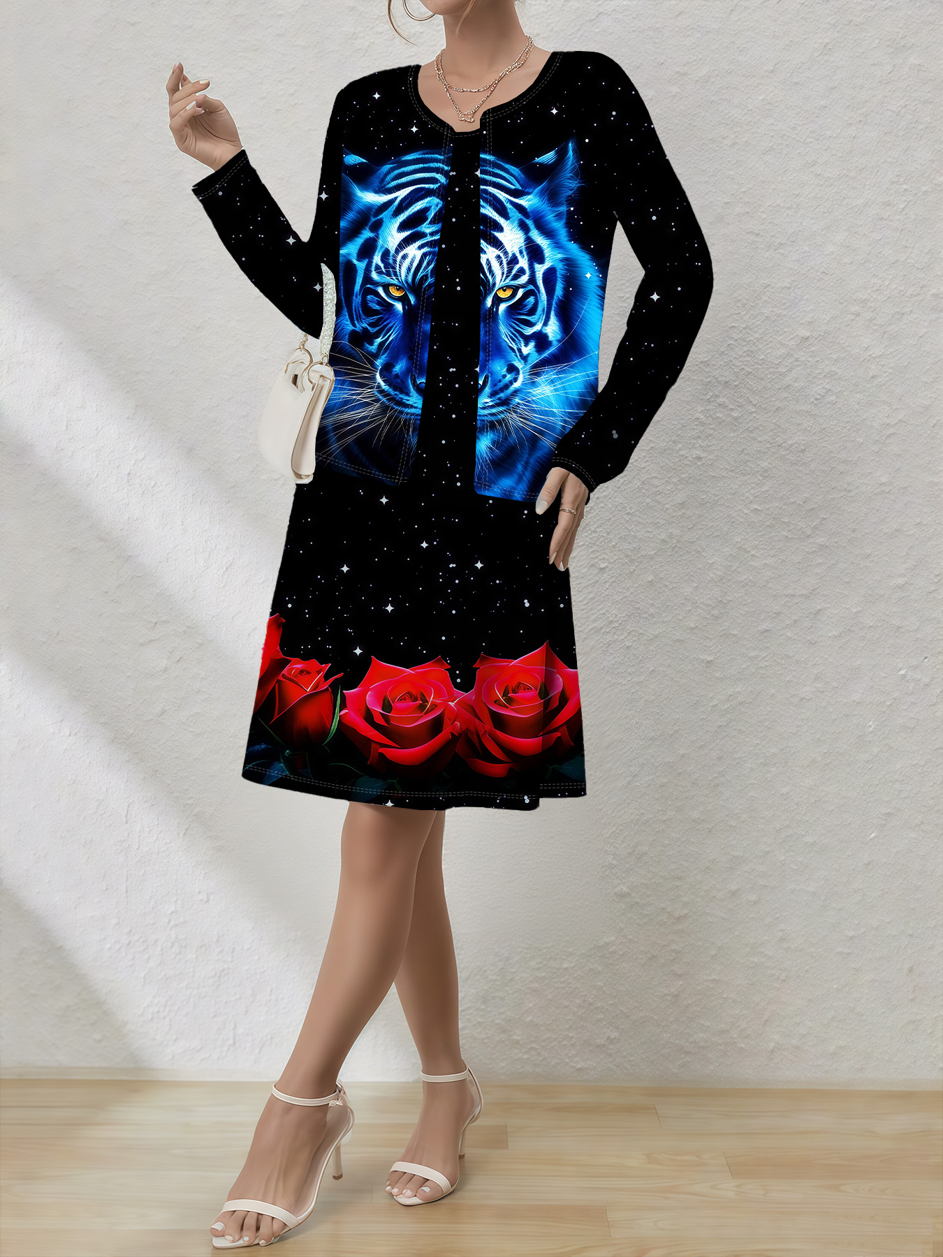 Women's autumn Tiger rose printed cardigan vest dress set