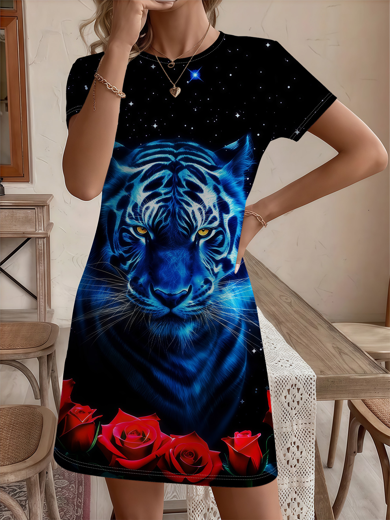 Women's autumn blue tiger print short-sleeved dress - Image 2