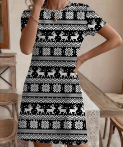 Women's autumn striped deer-printed short-sleeved dress